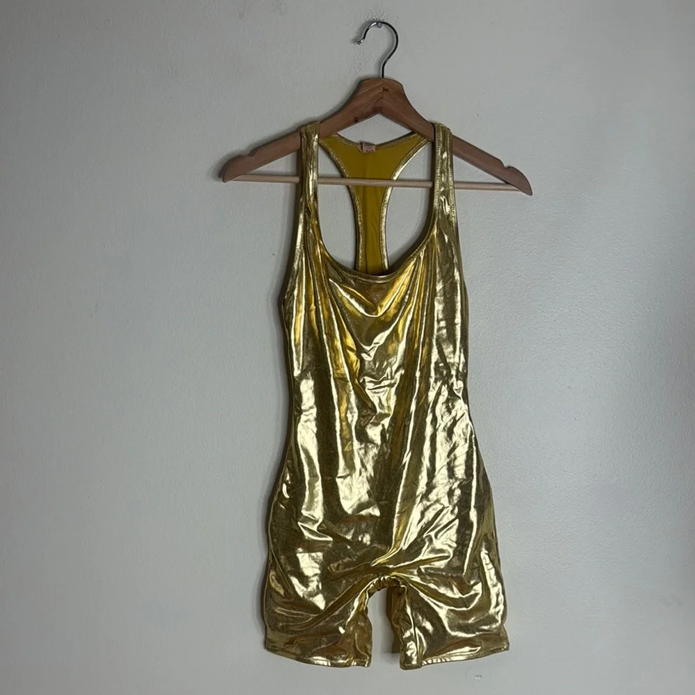 SKIMS Metallic Swim Cycle Suit - Gold size small festival rave party cute‎